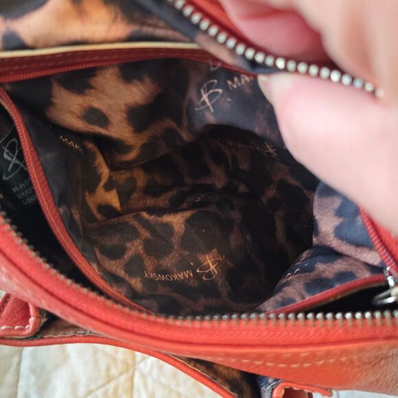 B Makowsky Shoulder Bag Rust Orange Pebbled Leather Silver Leopard Lining READ - Picture 11 of 16